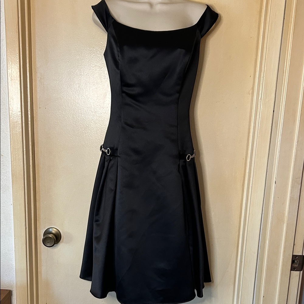 Jessica McClintock Vintage Black Satin Midi Dress with rhinestone details size 6
